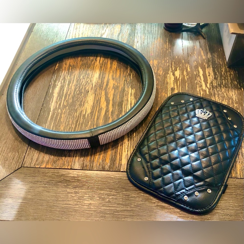 Rhinestone vegan leather steering wheel cover and quilted center console cover
